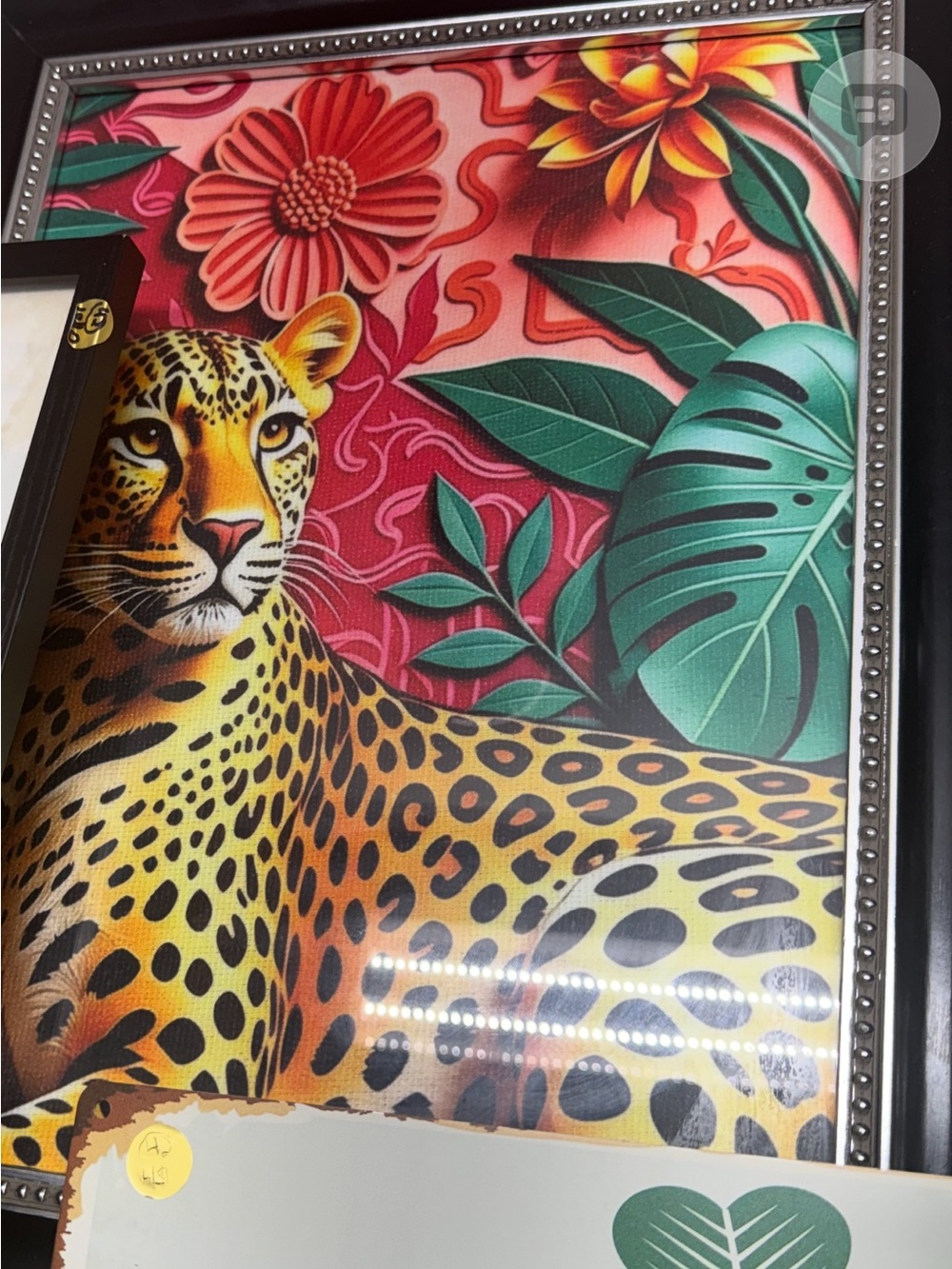 Vibrant Leopard Wall Art Print in Green and Pink - with black and silver frame